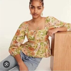 J. Crew • Zinnia Flower Square Neck Top Peach Green Size 4 Small NWT